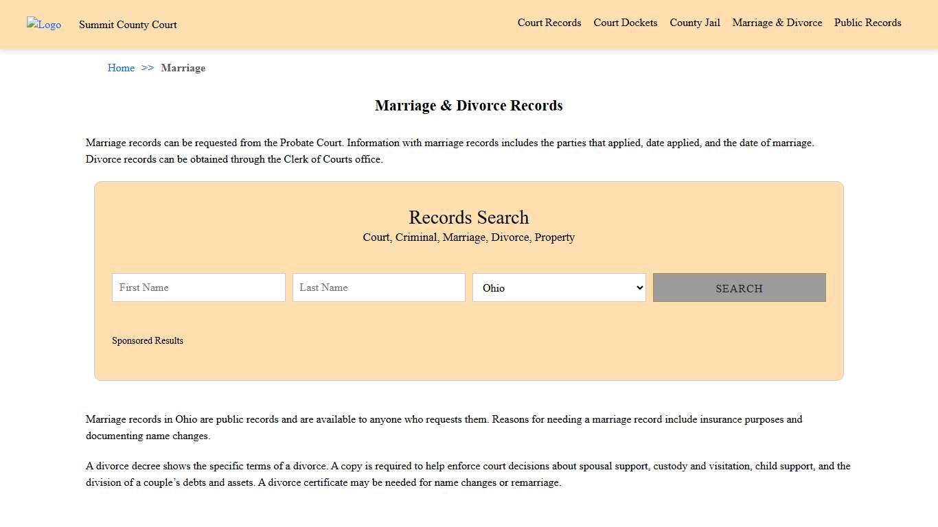 Marriage & Divorce Records Summit County Court
